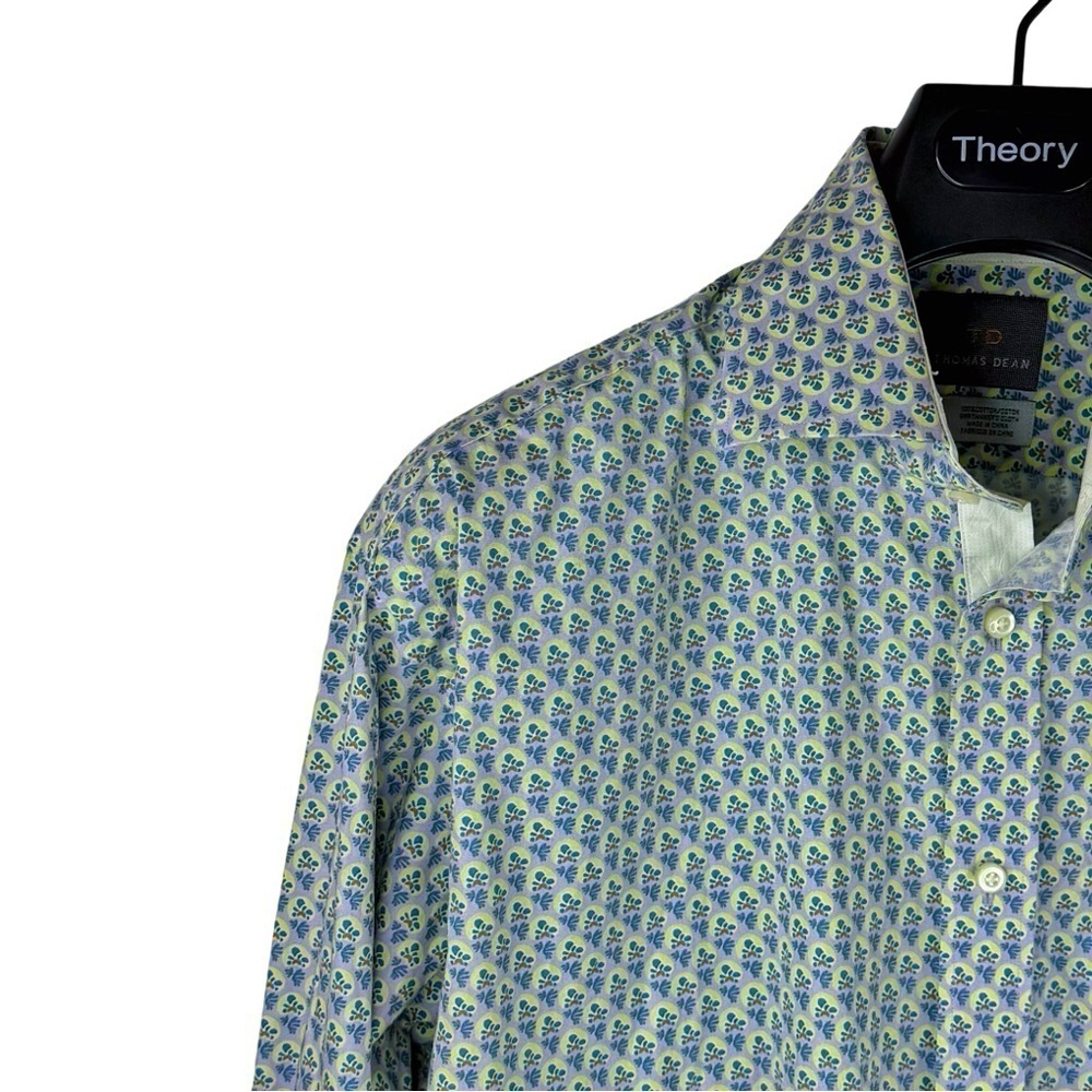 THOMAS DEAN Men's Blue/Neon Green Patterned Casual Button Down Sports Shirt L